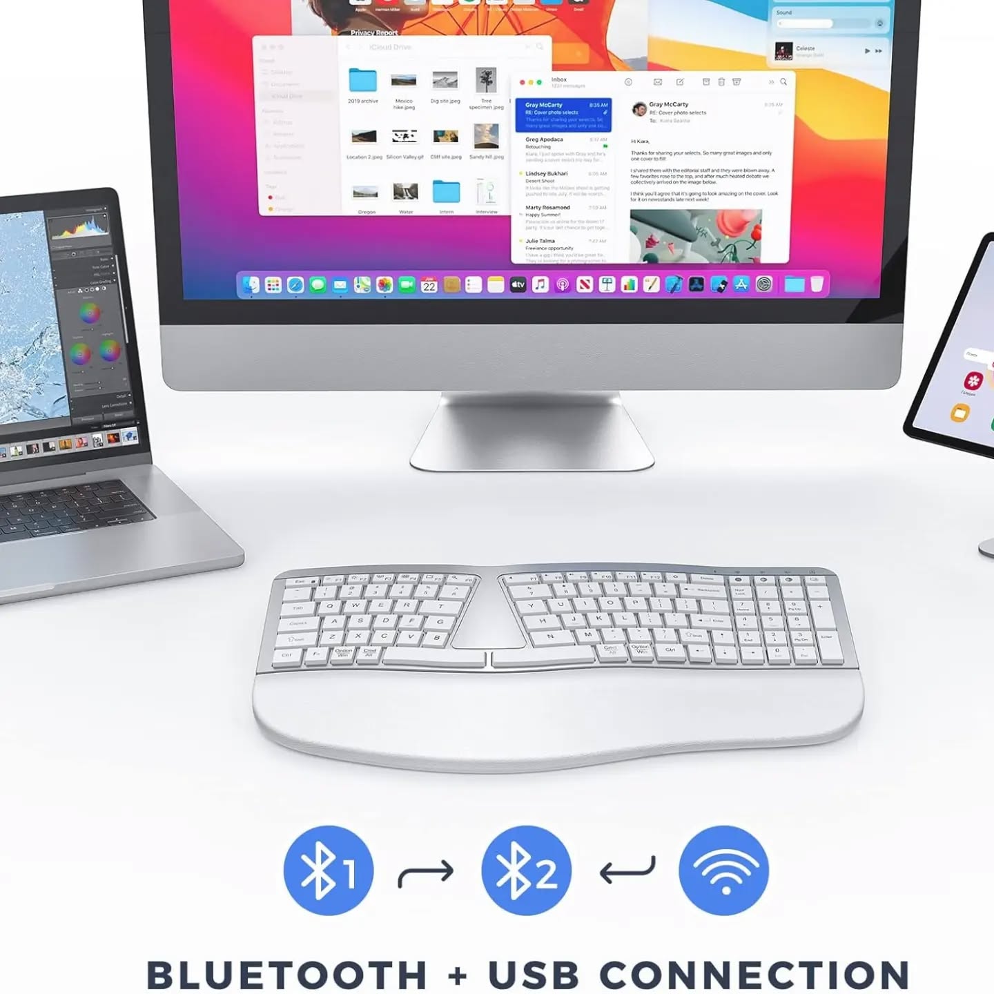 PEIOUS Teclado ergonómico, teclado Bluetooth, multidispositivo, recarg...