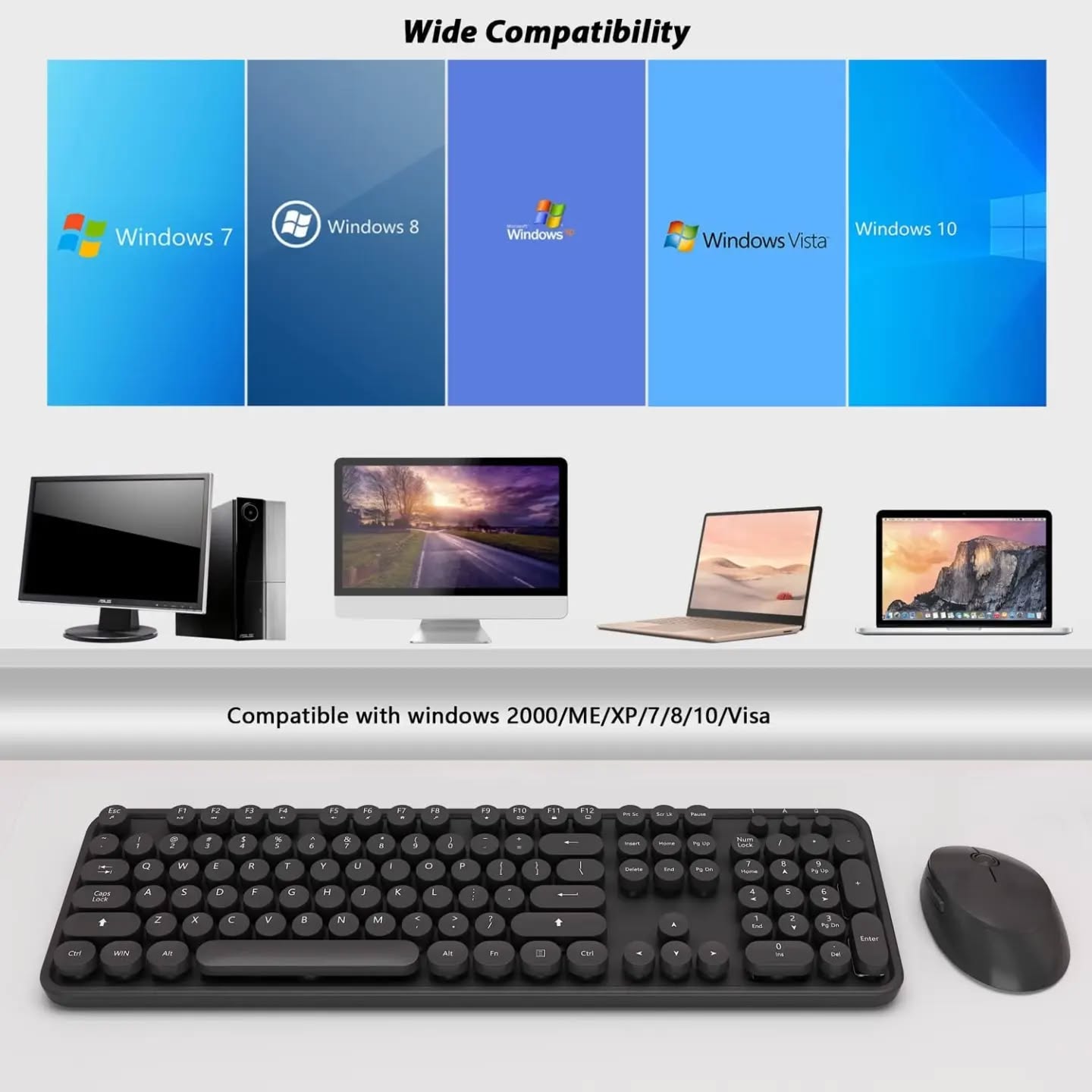 Teclado y mouse inalámbricos combo, tamaño completo de 104 te...