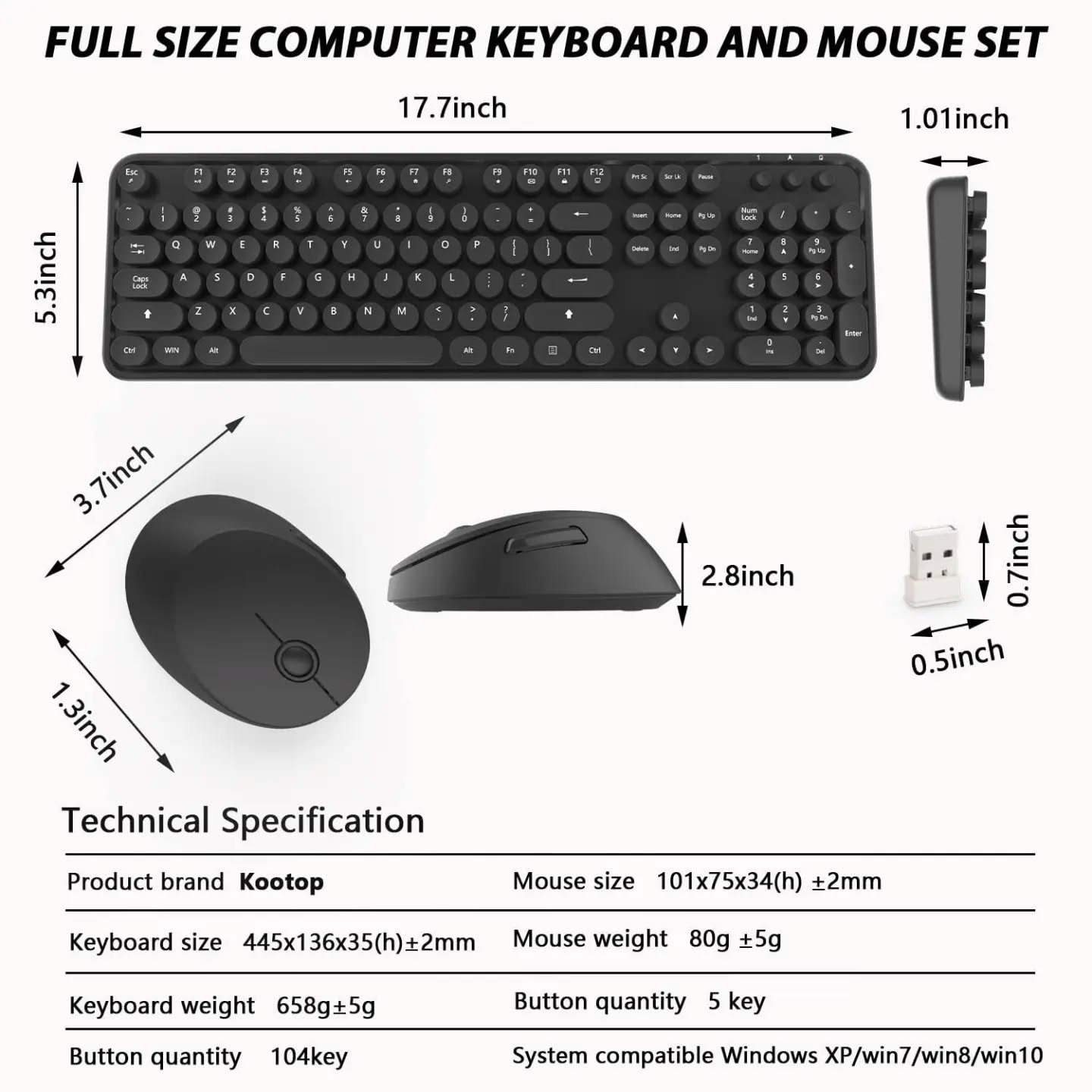 Teclado y mouse inalámbricos combo, tamaño completo de 104 te...