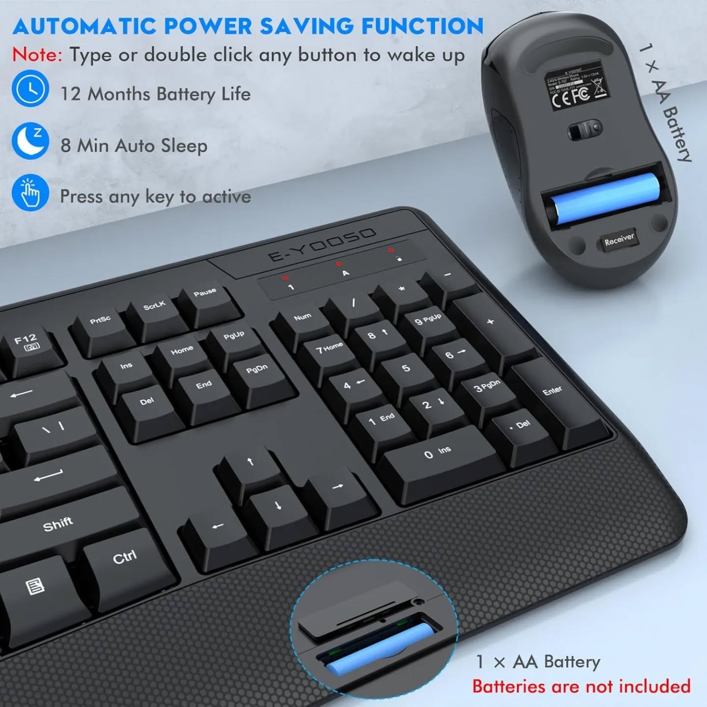 Teclado E-YOOSO - Combo de teclado y mouse inalámbricos, teclado inalámbrico e...