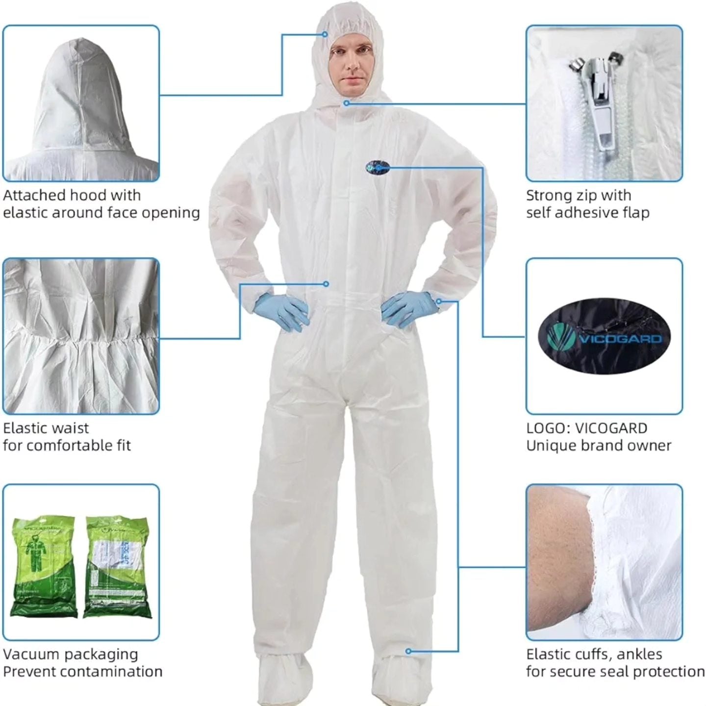 Vicogard - Overol protector desechable, cintura elástica con cremaller...