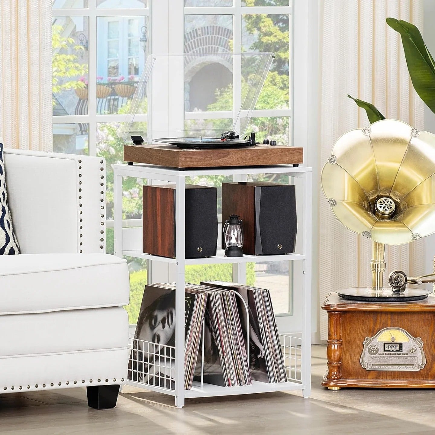 Soporte grande para tocadiscos blanco, mesa auxiliar grande de 3 nivel...