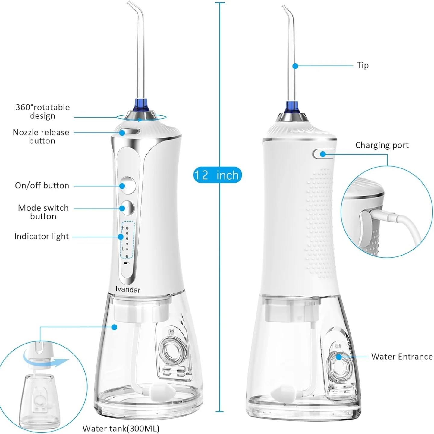 Ivandar Irrigador dental de agua para limpiador de dientes, inalámbric...