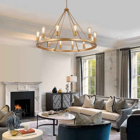 Large modern wagon wheel chandelier in gold metal.