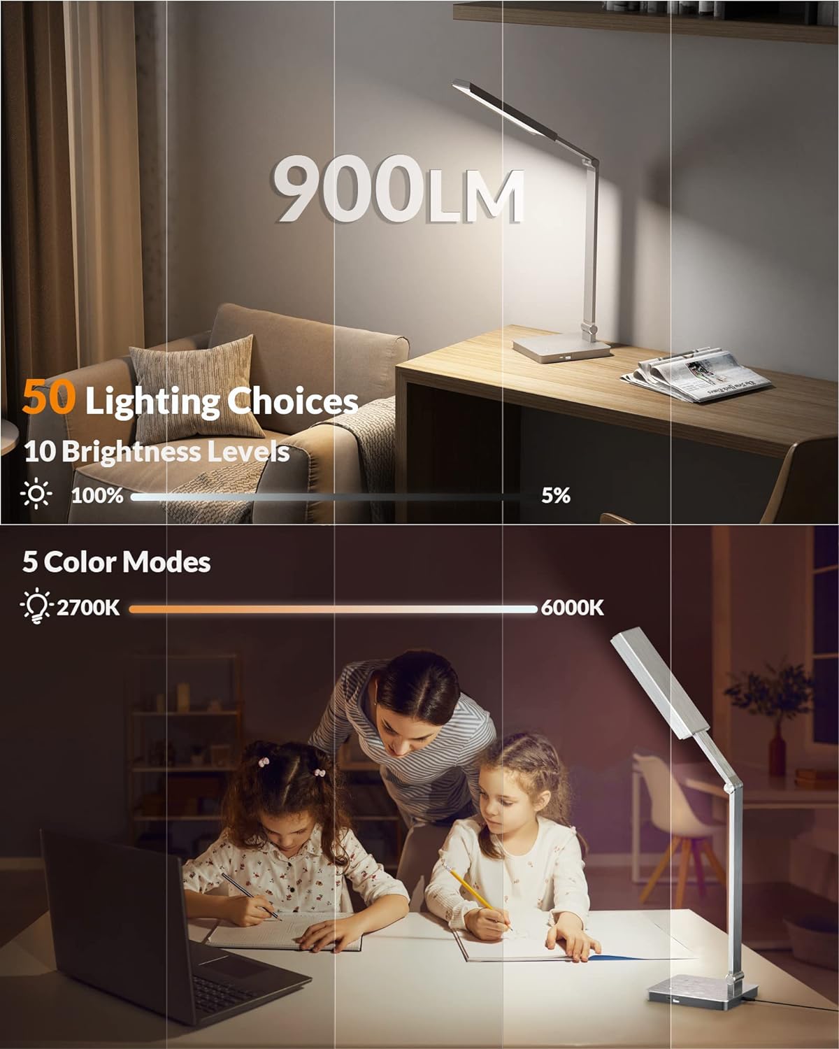 LEPOWER Lámpara de escritorio LED brillante – 900LM 24W Control táctil...