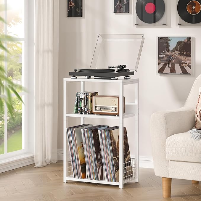 Soporte grande para tocadiscos blanco, mesa auxiliar grande de 3 nivel...