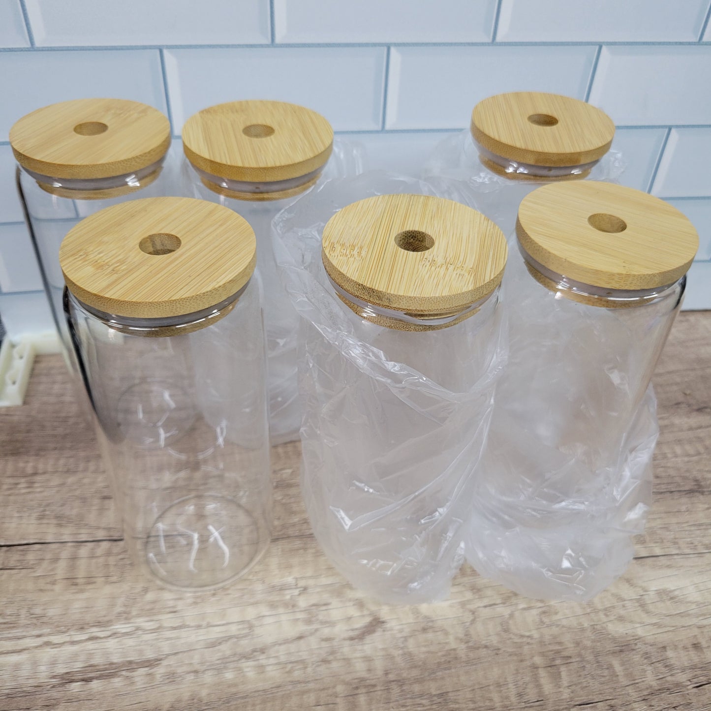 Vasos de 20 onzas con tapas de bambú de vidrio, 6 vasos de vidrio en f...