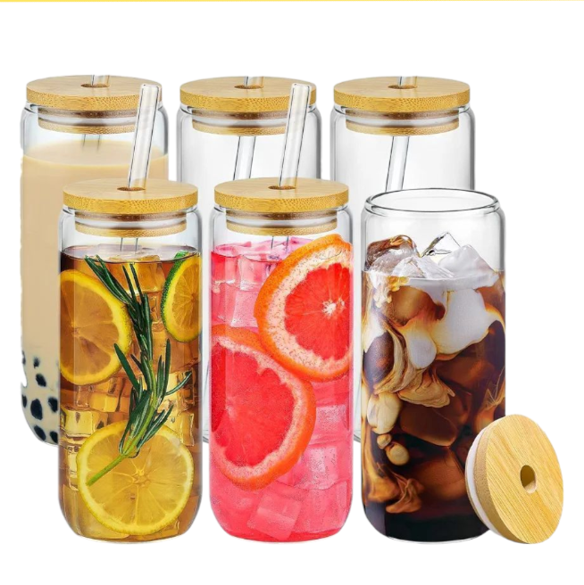 Vasos de 20 onzas con tapas de bambú de vidrio, 6 vasos de vidrio en f...