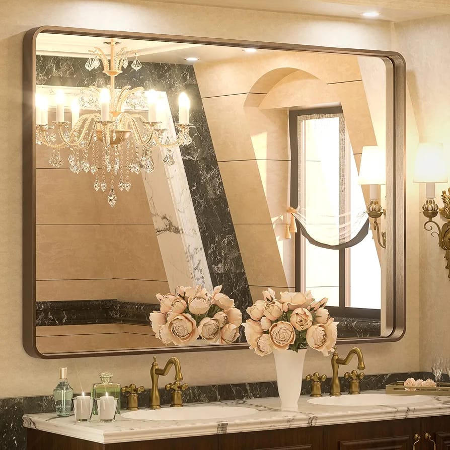 TETOTE Espejos de bronce de 48 x 36 pulgadas para baño, con marco de b...