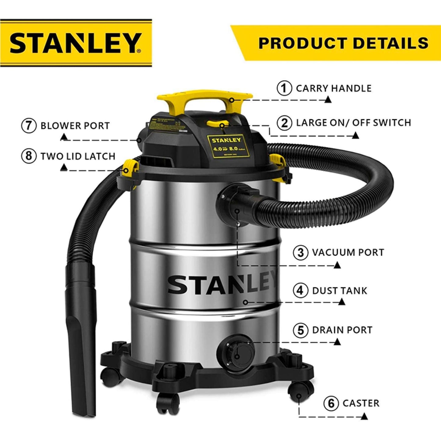 -Aspiradora STANLEY en seco y húmedo de 6 galones, 4 picos HP de acero inoxidable 3 en 1 con soplador, aspiradora multifuncional para el hogar, lugar de trabajo, garaje, sótano, SL18116