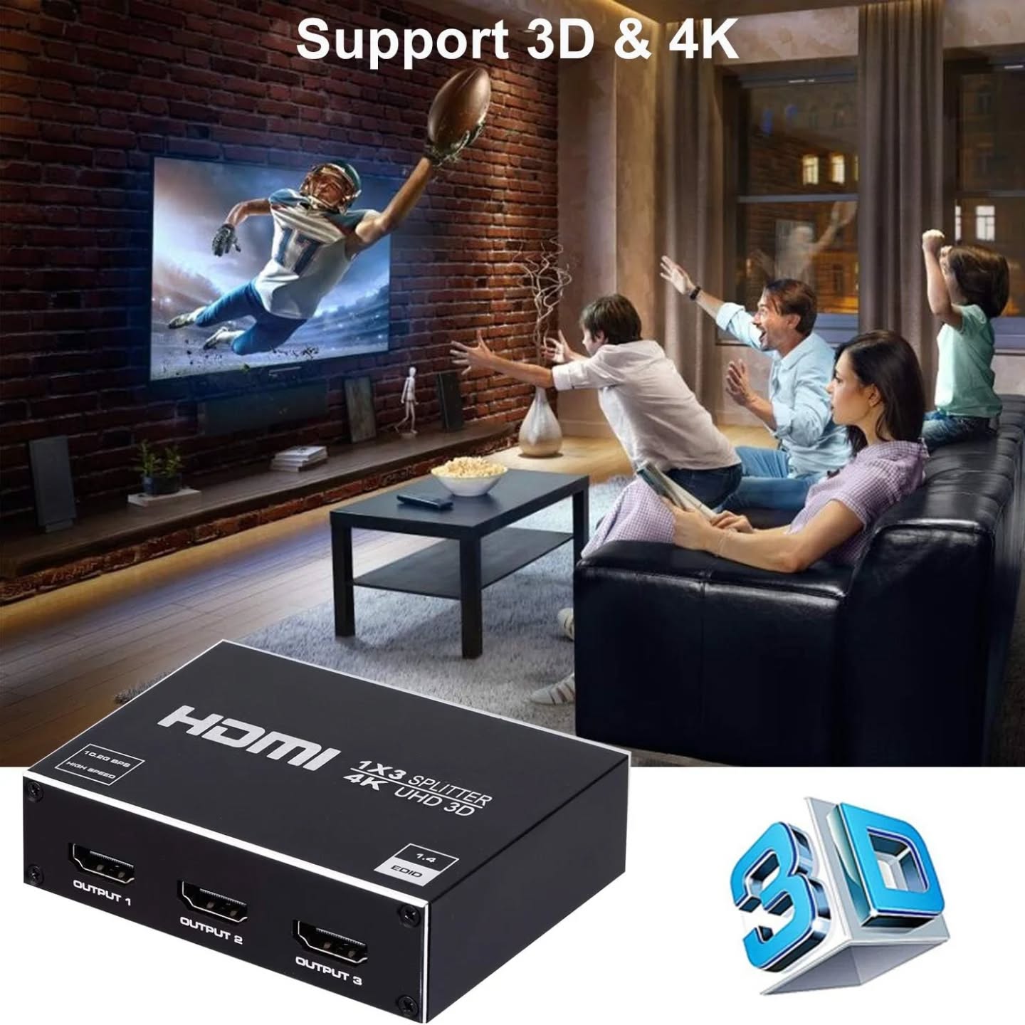 HDMI Splitter 1x3, 1 in 3 out HDMI Splitter Audio Video Distributed...
