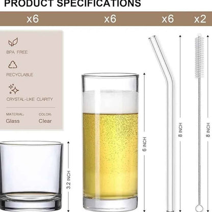 [Paquete de 12] Vasos de vidrio con pajitas de vidrio, vasos de 12 onz...