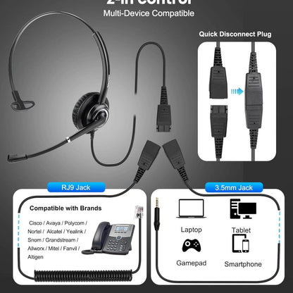 MAIRDI Auriculares telefónicos con conector RJ9 y conector de 0.138 in...