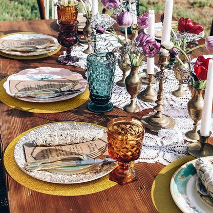 porta platos 50 manteles individuales de papel con purpurina dorada, redondos, dese...