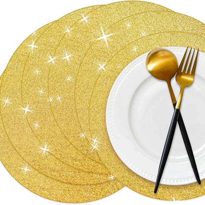 porta platos 50 manteles individuales de papel con purpurina dorada, redondos, dese...