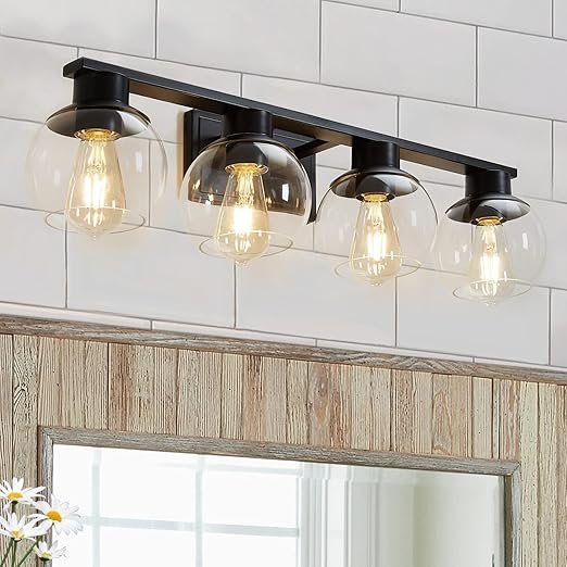 Pazala Lámpara de tocador negra mate para baño, 4 luces, lámpara de pa...