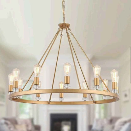 Large modern wagon wheel chandelier in gold metal.