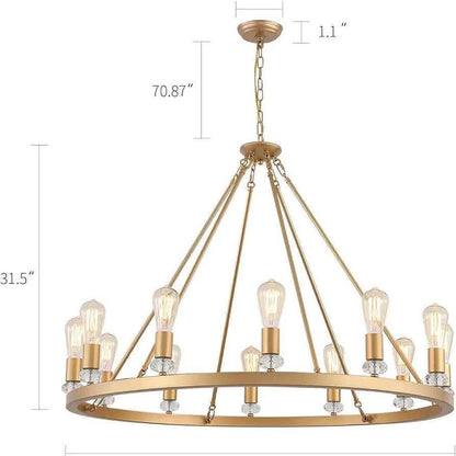Large modern wagon wheel chandelier in gold metal.