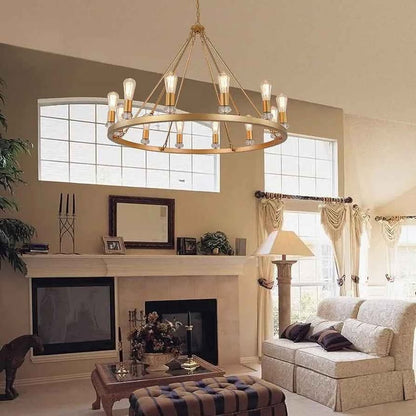 Large modern wagon wheel chandelier in gold metal.