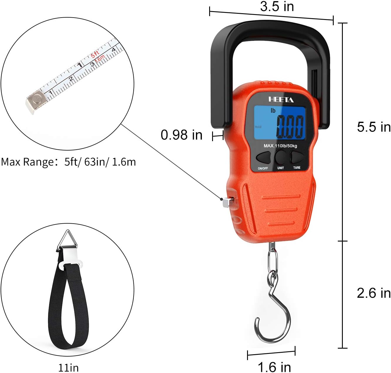 HEETA Báscula de pescado con pantalla LCD retroiluminada, hasta 110 li...