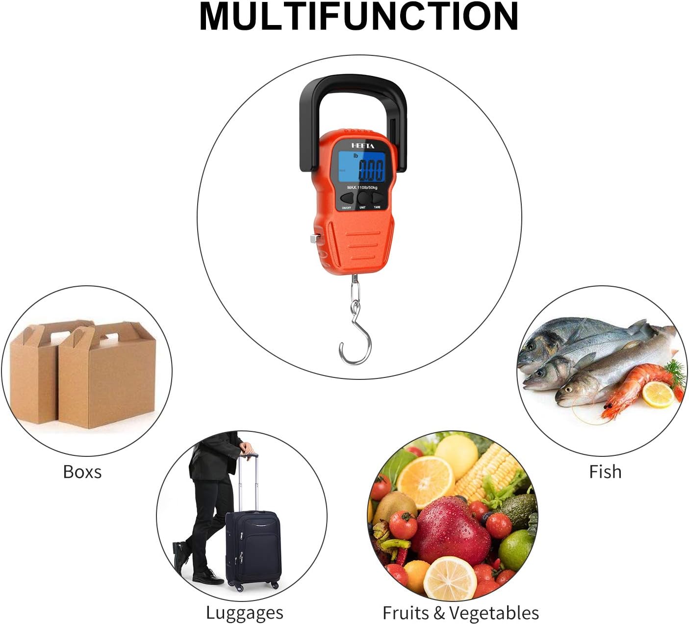 HEETA Báscula de pescado con pantalla LCD retroiluminada, hasta 110 li...