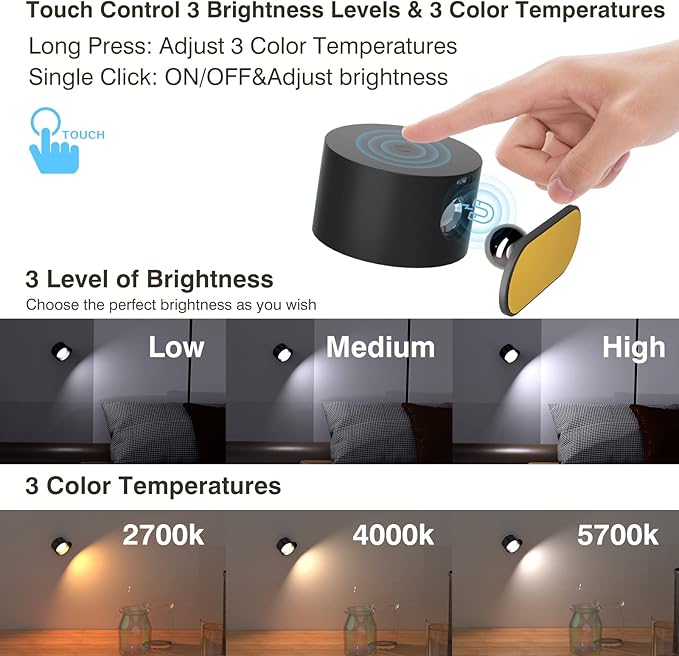 Koopala Apliques LED para pared, lámparas de pared con batería recarga...