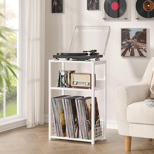 Soporte grande para tocadiscos blanco, mesa auxiliar grande de 3 nivel...