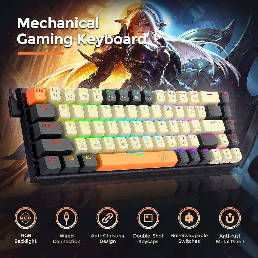 Redragon Teclado mecánico 60% para juegos, 68 teclas, teclado RGB de o...