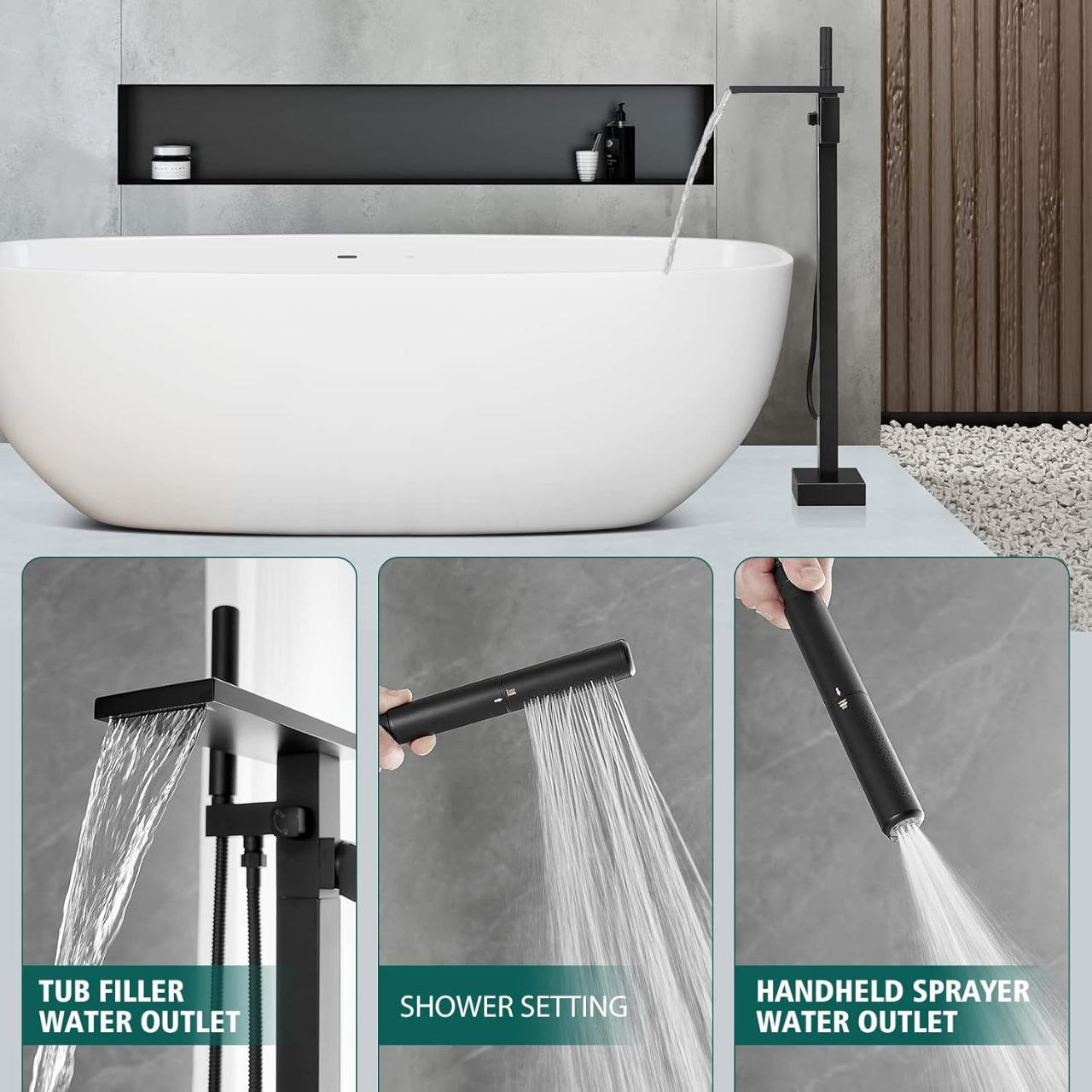 Llenador de bañera independiente grifo de bañera negro mate