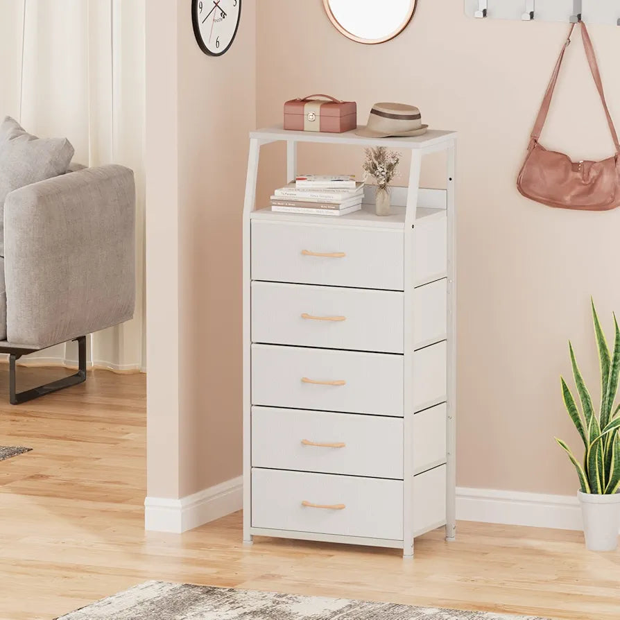 Furnulem White Dresser with 5 Drawers, Fabric Storage Tower Dresser...