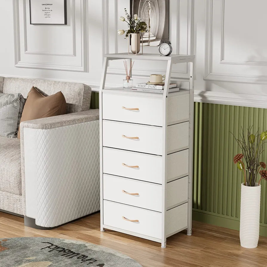 Furnulem White Dresser with 5 Drawers, Fabric Storage Tower Dresser...